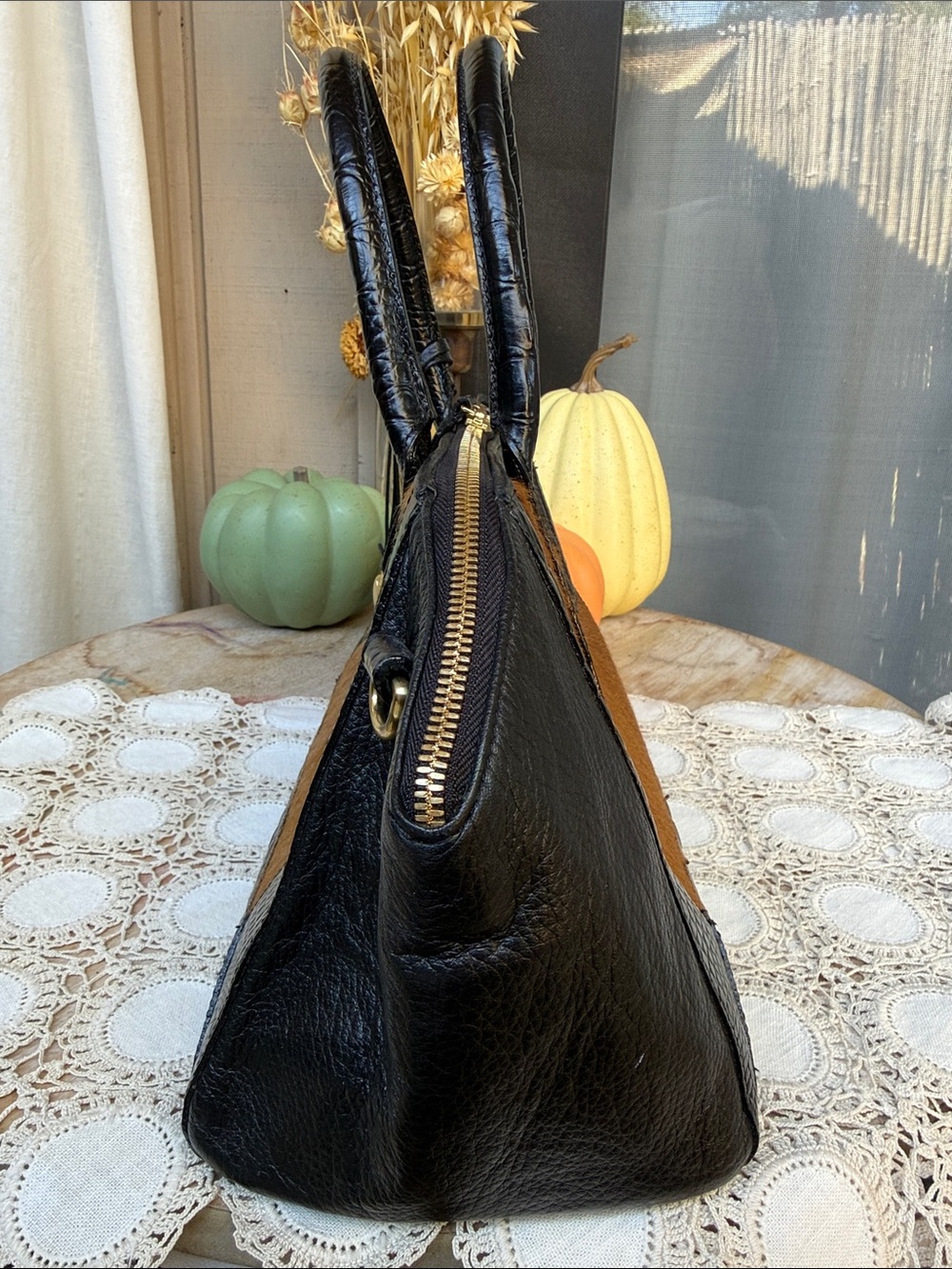 Brahmin Black Croc-Embossed & Brown Haircalf Satchel - Picture 2 of 10